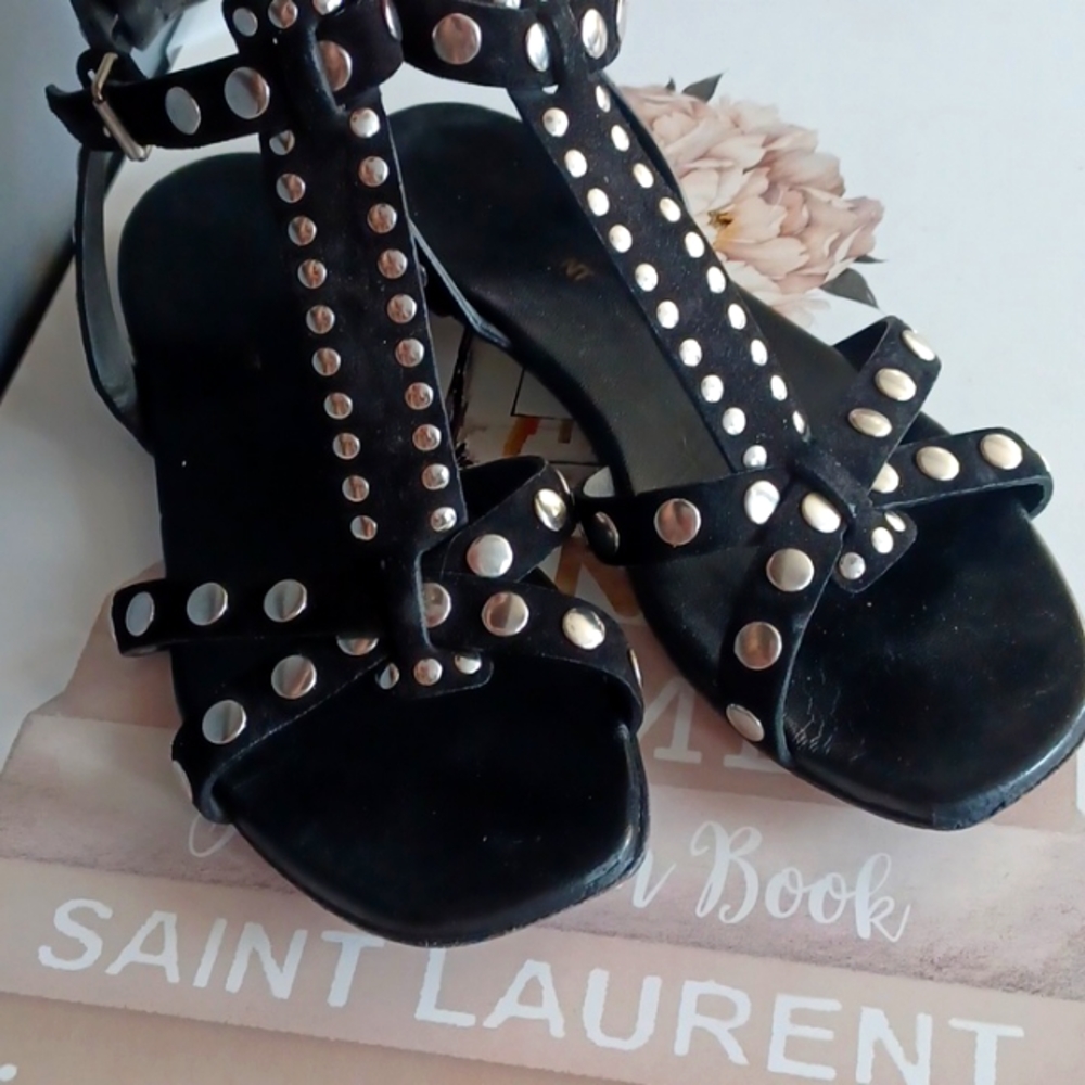 Saint Laurent Black and Silver Studded Sandals